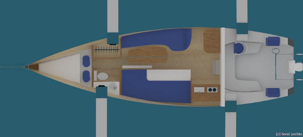 Der neue TNT 34-Trimaran von Bond Yachts: Platz für vier Personen, zwei im Vorschiff, zwei im Salon.