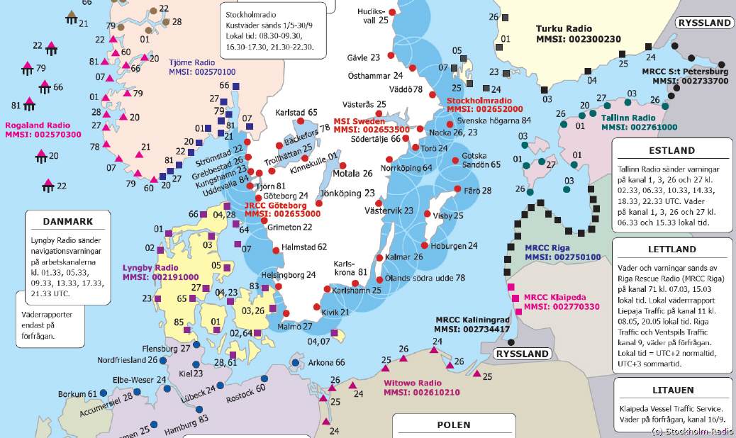VHF-channels North Sea / Baltic See - UKW-Seefunk: Nordeuropa-Karte mit allen UKW / VHF-Kanälen und Sendezeiten für Seewetterberichte: Alle UKW-Kanäle für Deutschland, Dänemark, Schweden, Norwegen, Finnland, Polen, Russland, Litauen, Lettland und Estland auf einen Blick auf einer übersichtlichen Karte (VHF-Karta) von Stockholm Radio.