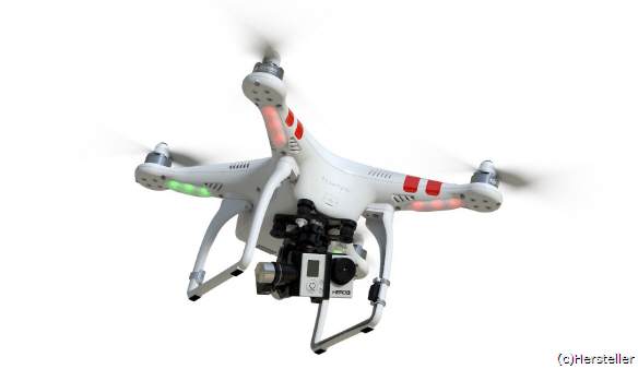 DJI Phantom 2: Ein Quadrocopter, der ferngesteuert mit einer GoPro kinoreife Videos oder hochauflösende Fotos aus der Vogelperspektive liefert. Mit der Gyro-gesteuerten 3D-Aufhängung Zenmuse H3-3D Gimbal bleibt die Kamera während des Fluges und auch in scharfen Kurven absolut stabil.