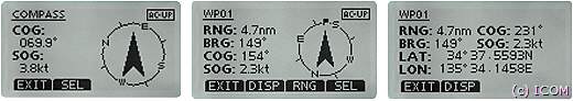 Im Display des ICOM IC-M91D erscheint ein vollwertiges Navi-Bild mit Länge und Breite sowie Kurs (COG), Speed (SOG), Bearing, Range und Entferung zum Ziel (MOB).
