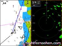 Screenshot Radarbild auf einer Segelyacht (Broadband-Radar G3): Unter Radar unterwegs auf dem IJsselmeer. Der Plotter hat Nordausrichtung, das Radar zeigt die Vorausrichtung an.